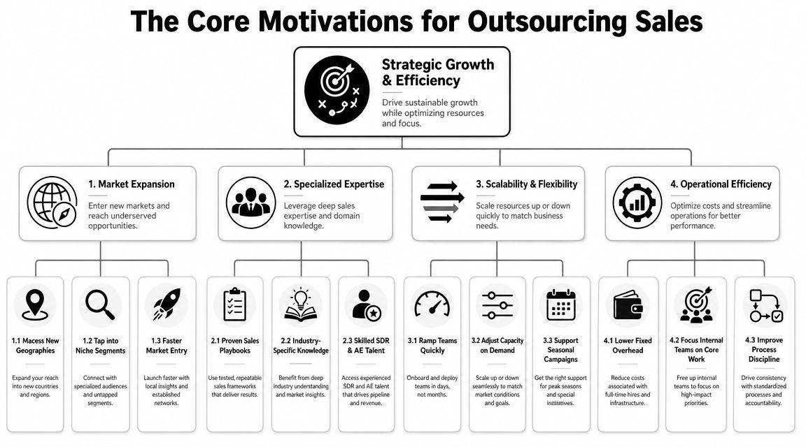 A chart explaining the core business motivations for outsourcing sales, including market expansion, expertise, scalability, and efficiency.