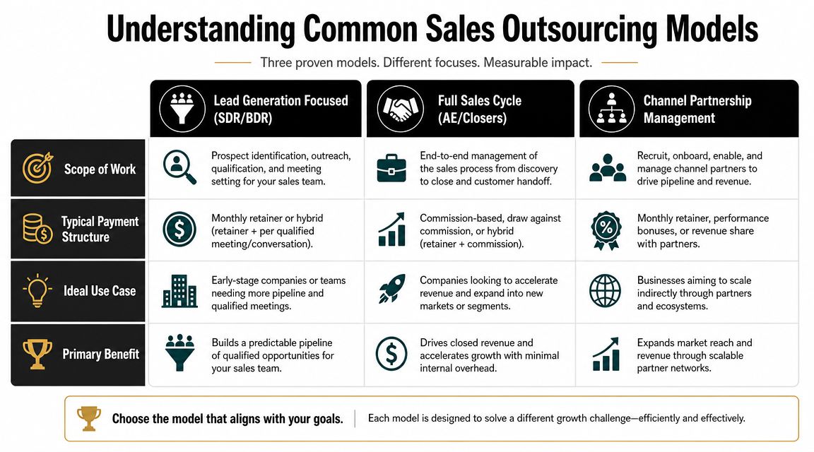 A chart comparing three common sales outsourcing models: Lead Generation, Full Sales Cycle, and Channel Partnership Management.