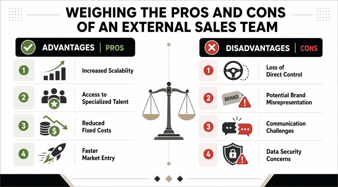 A comparison infographic showing the pros and cons of hiring an external sales team for businesses.