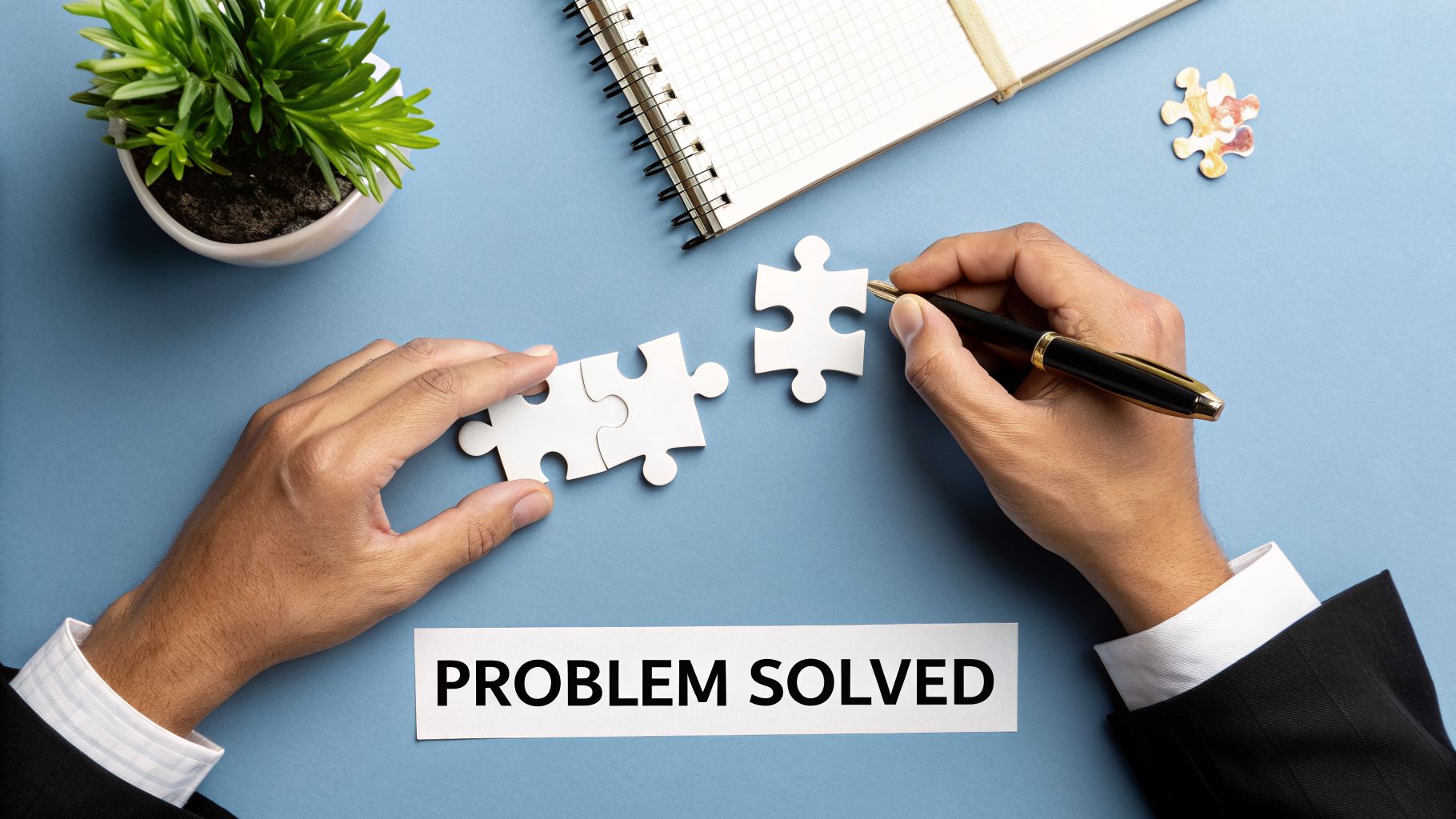 Hands assembling puzzle pieces on a blue desk with a 'PROBLEM SOLVED' sign and office items.