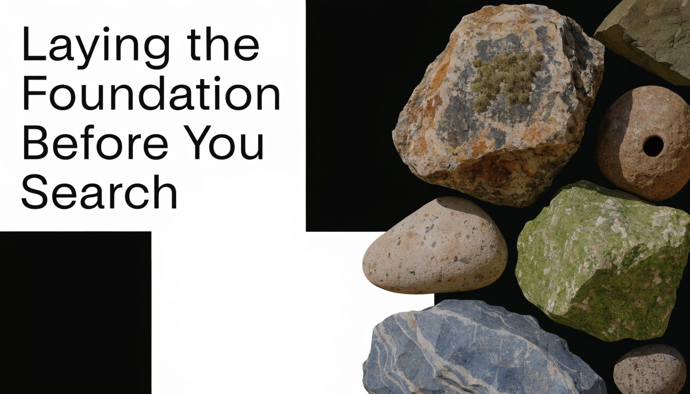 A graphic featuring the text Laying the Foundation Before You Search beside a collection of various natural rocks.