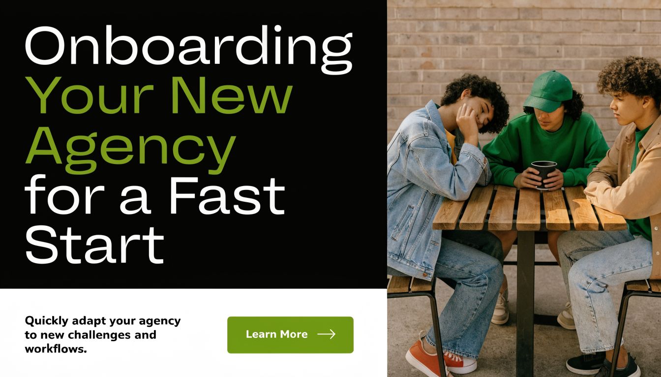 Three young adults collaborating at an outdoor wooden table to learn about agency onboarding and workflows.