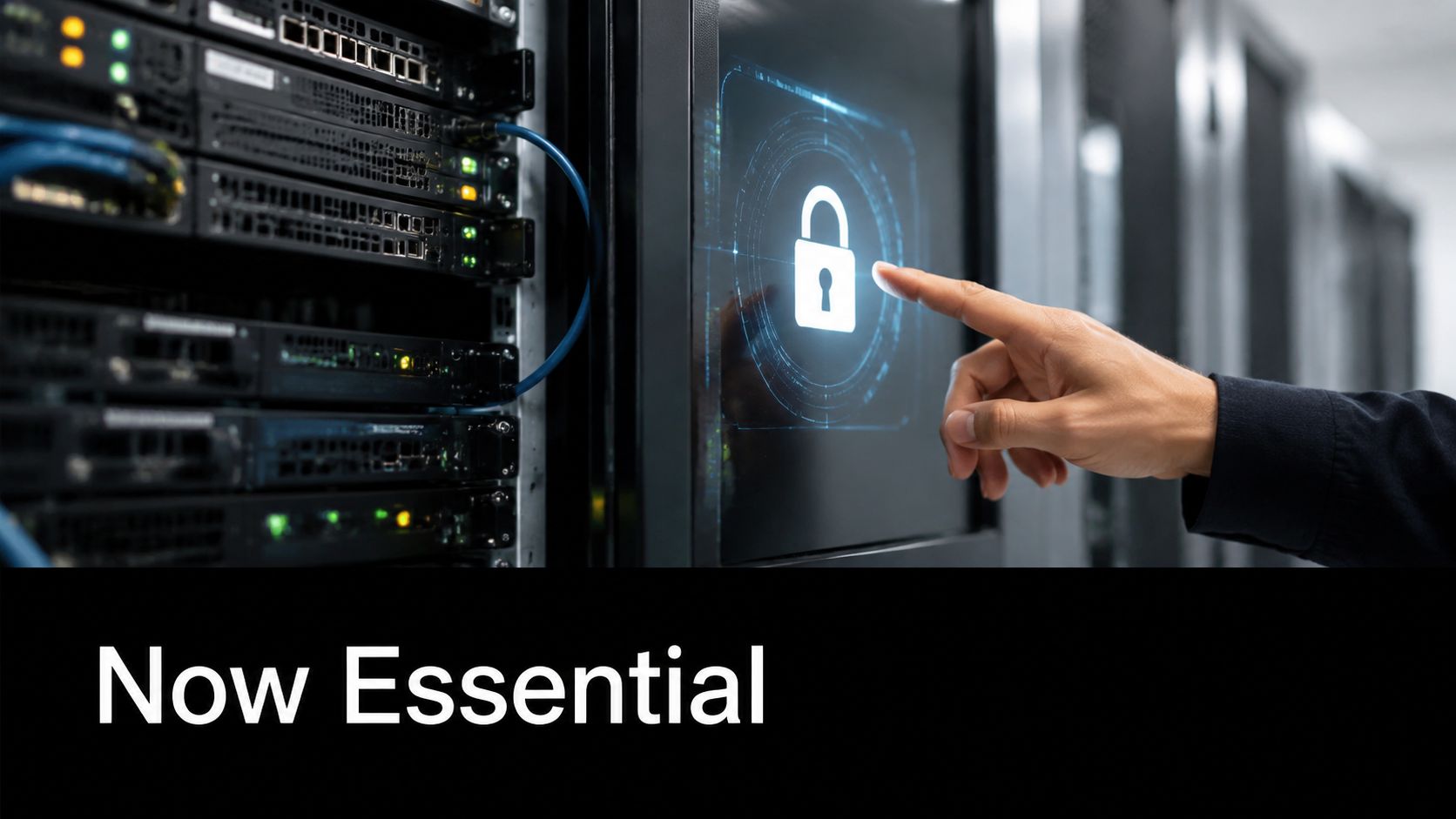 A hand interacting with a digital security padlock icon on a server rack screen in a data center.