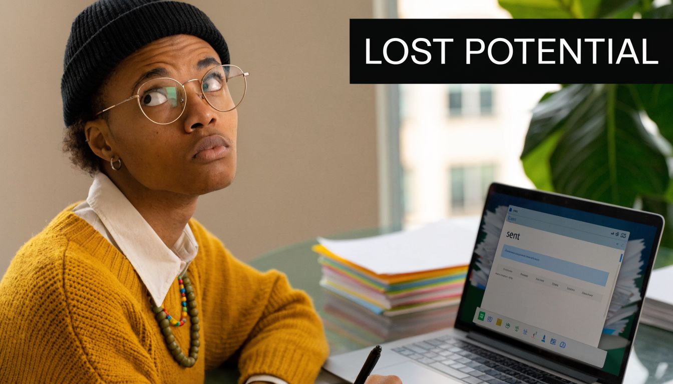 A thoughtful young person in a beanie and glasses looking up while working on their laptop.