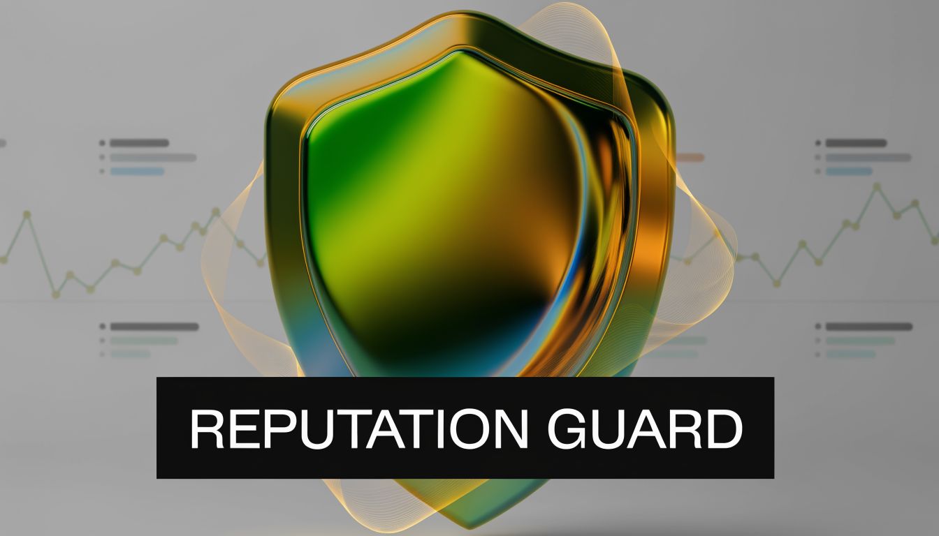 A 3D shield icon symbolizing online protection with the bold text Reputation Guard over a gray background.