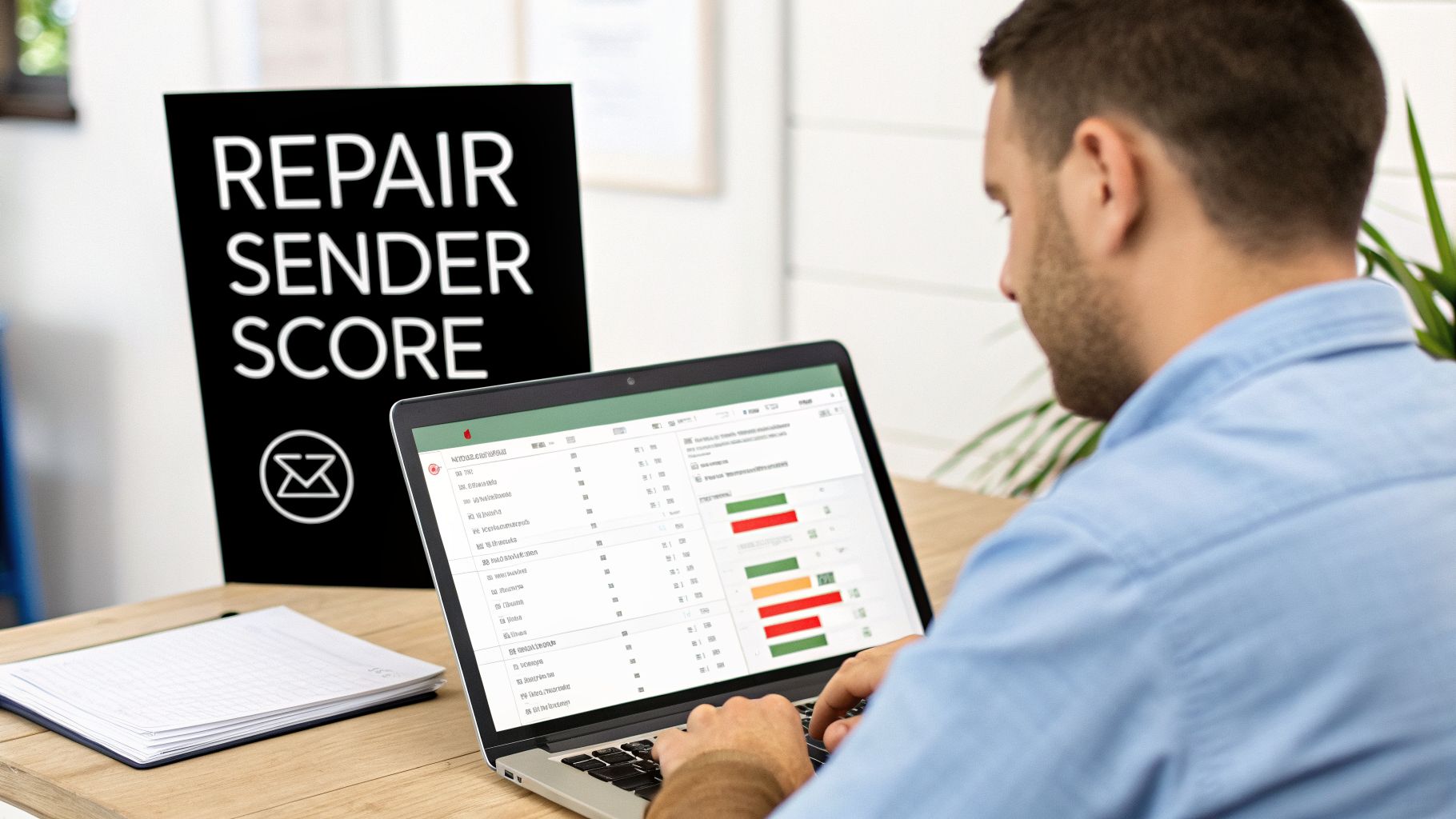 A man analyzes email sender scores on a laptop next to a 'Repair Sender Score' sign.