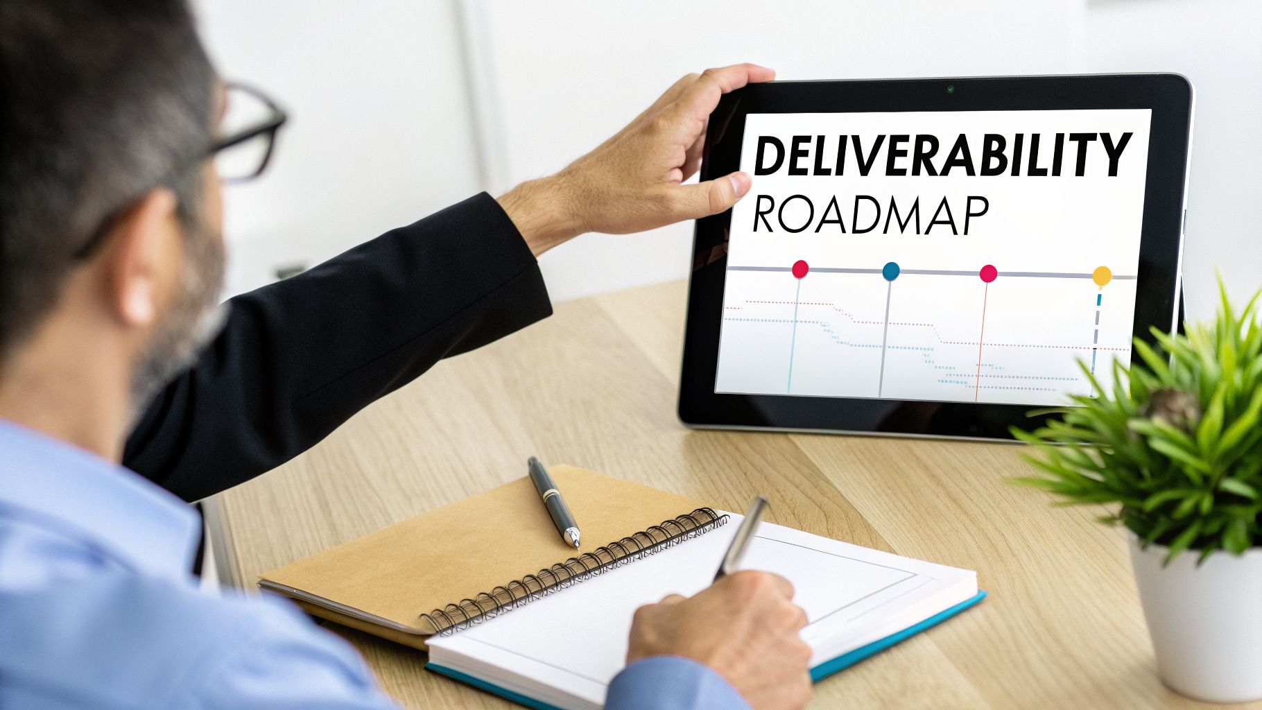 A person views a tablet showing a 'Deliverability Roadmap' with a chart, taking notes at a wooden desk.