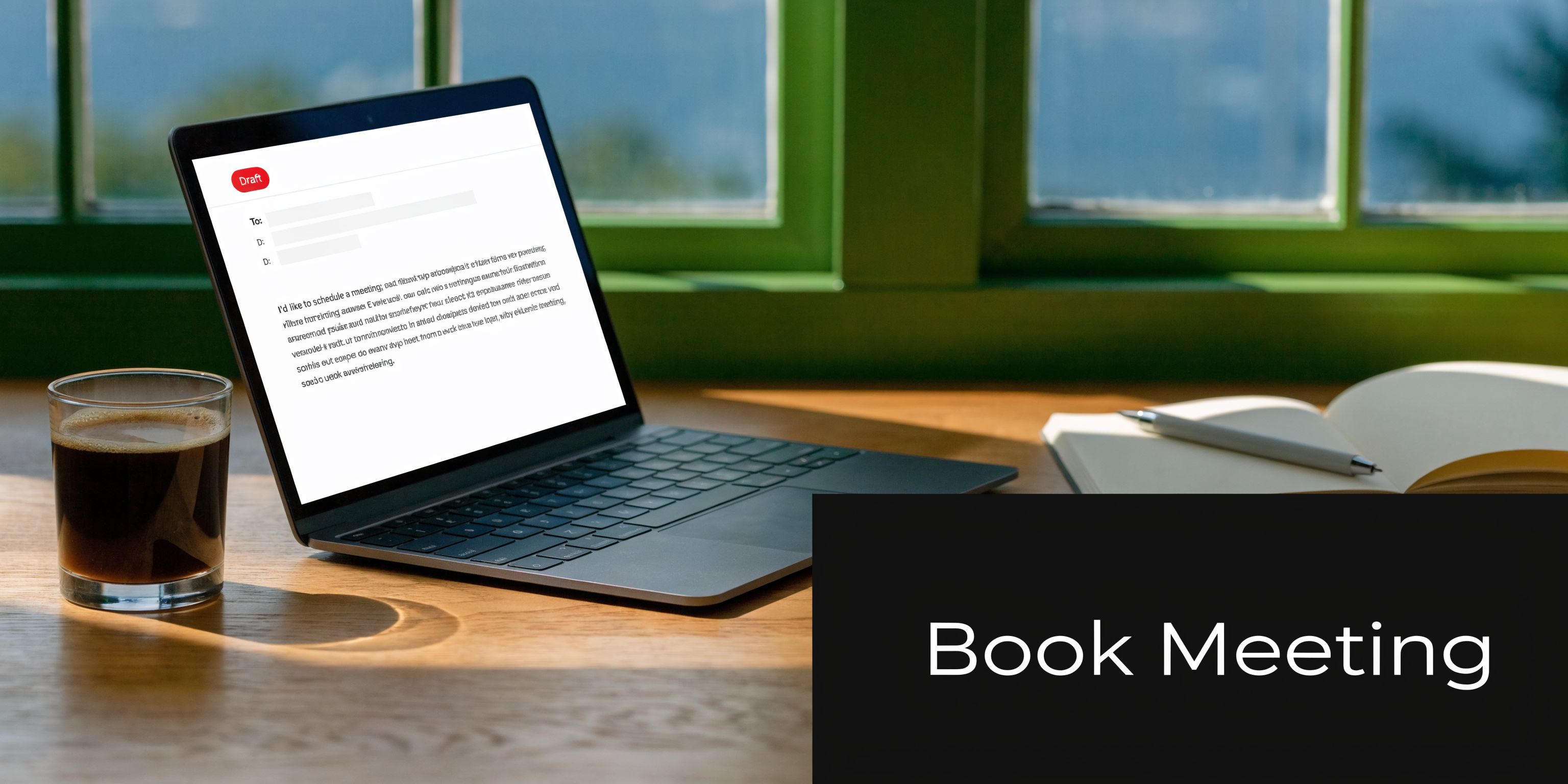 A laptop screen displaying an email draft for scheduling a meeting next to a coffee and notepad