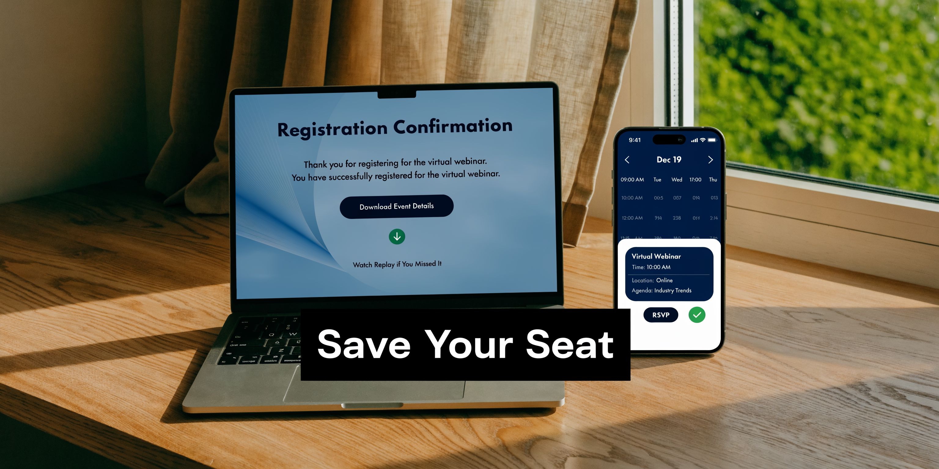 A laptop and smartphone displaying a registration confirmation screen for a virtual webinar on a wooden desk.