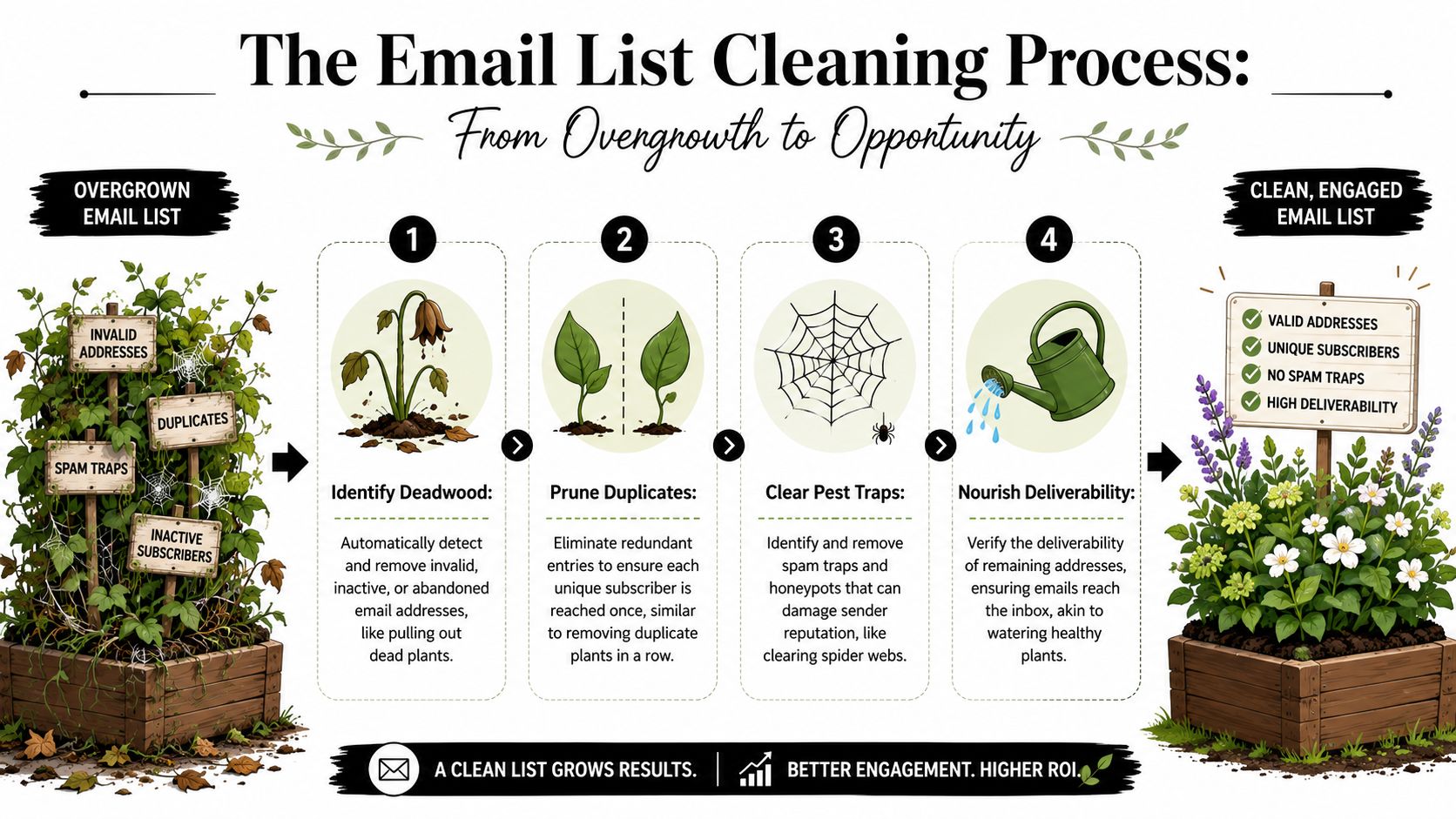 An infographic showing a four-step process to clean an email list for better engagement and deliverability.