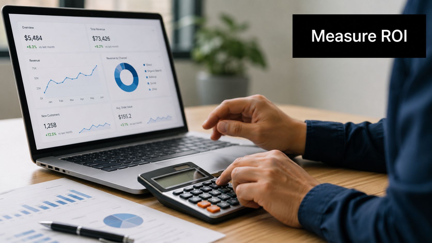 A professional analyzing financial data and marketing metrics on a laptop screen using a calculator.