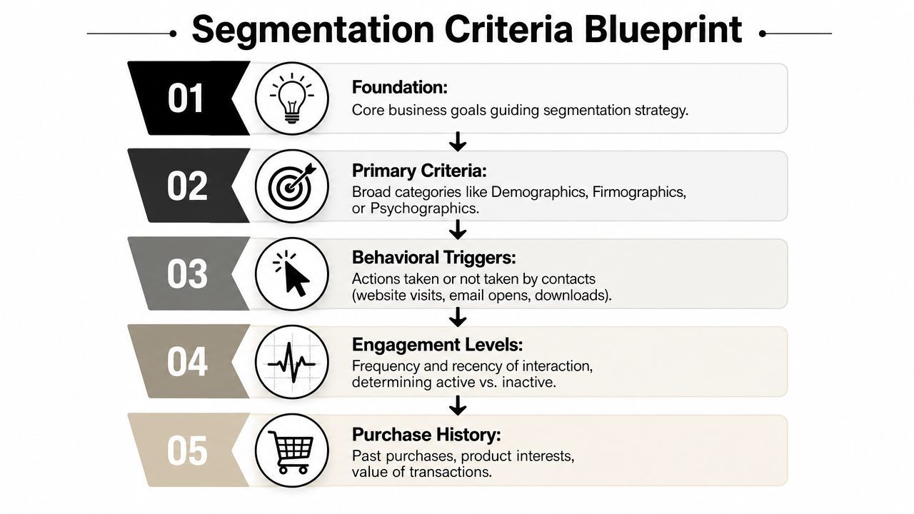 A flowchart showing five key steps for creating an effective marketing segmentation criteria blueprint strategy.
