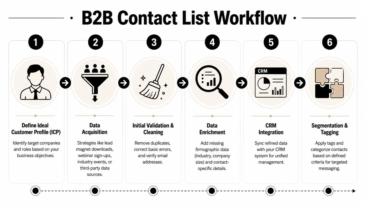 A six-step infographic showing the B2B contact list workflow process from defining ICP to final segmentation.