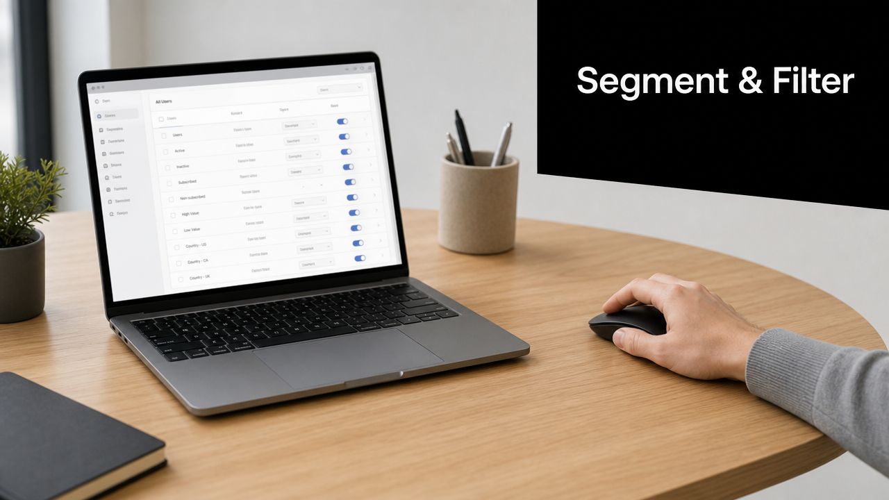 A person using a mouse to navigate email segmentation and filtering options on a laptop screen.