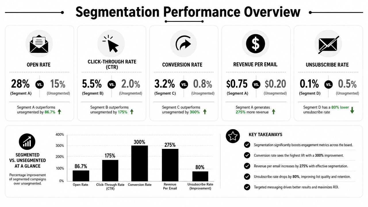 An infographic showing the performance benefits of email list segmentation compared to unsegmented email marketing campaigns.