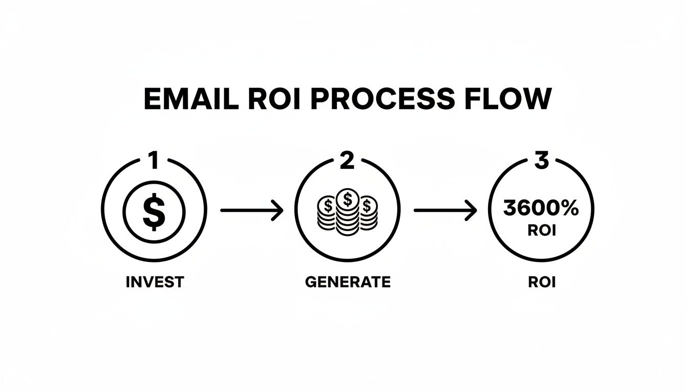 An email ROI process flow showing investment, income generation, and a 3600% return.