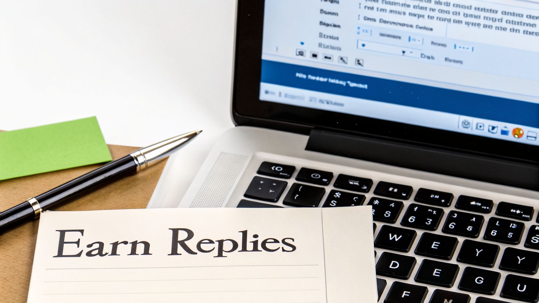 Close-up of a laptop with an email screen, a pen, and a note reading 'Earn Replies'.