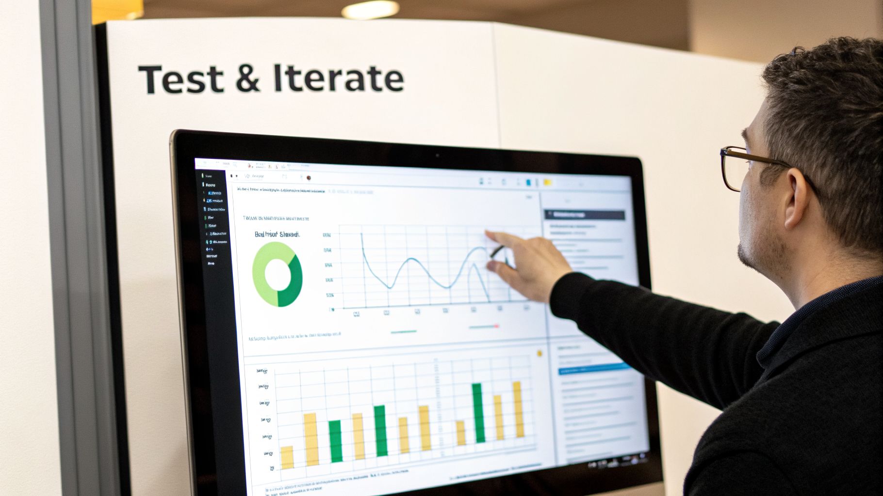 Man with glasses analyzing business data on a large screen, pointing at charts and graphs.