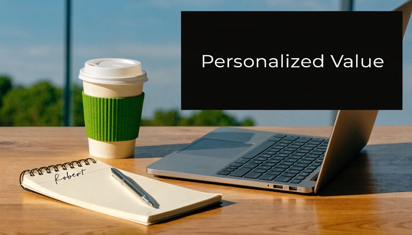 A laptop, a notepad with the name Robert written on it, and a coffee cup on a desk.