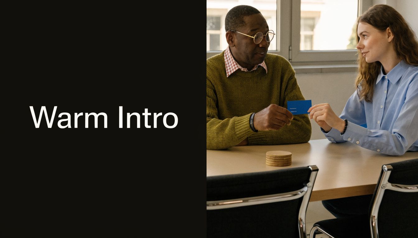 A professional man and woman exchanging a business card during a friendly meeting at a desk.