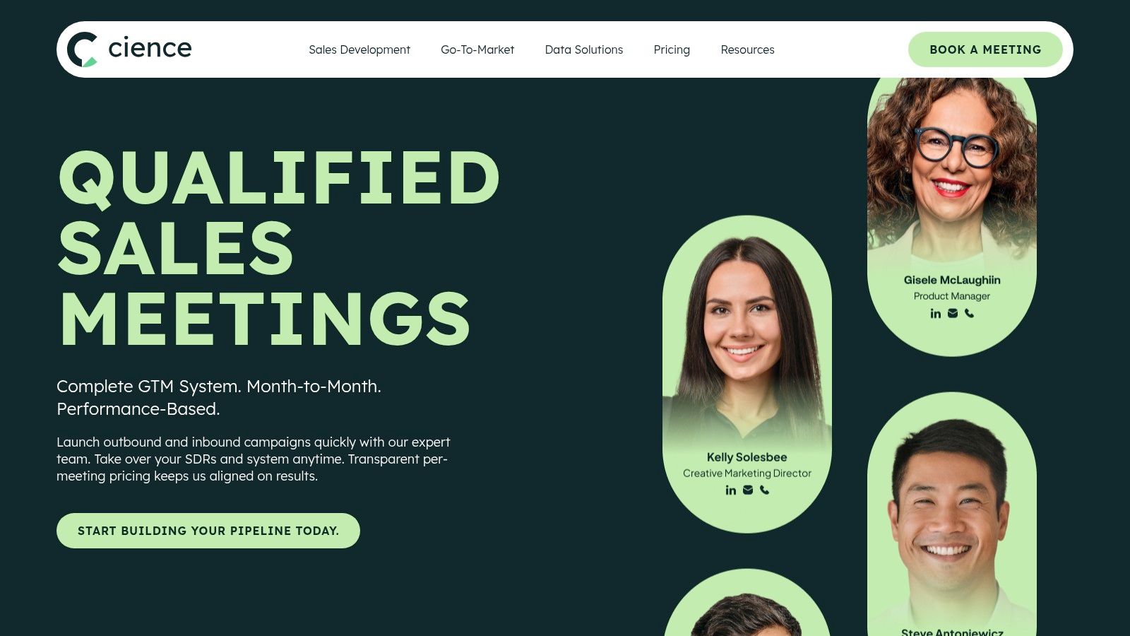 CIENCE website screenshot showing their focus on AI-enabled B2B outbound and sales teams