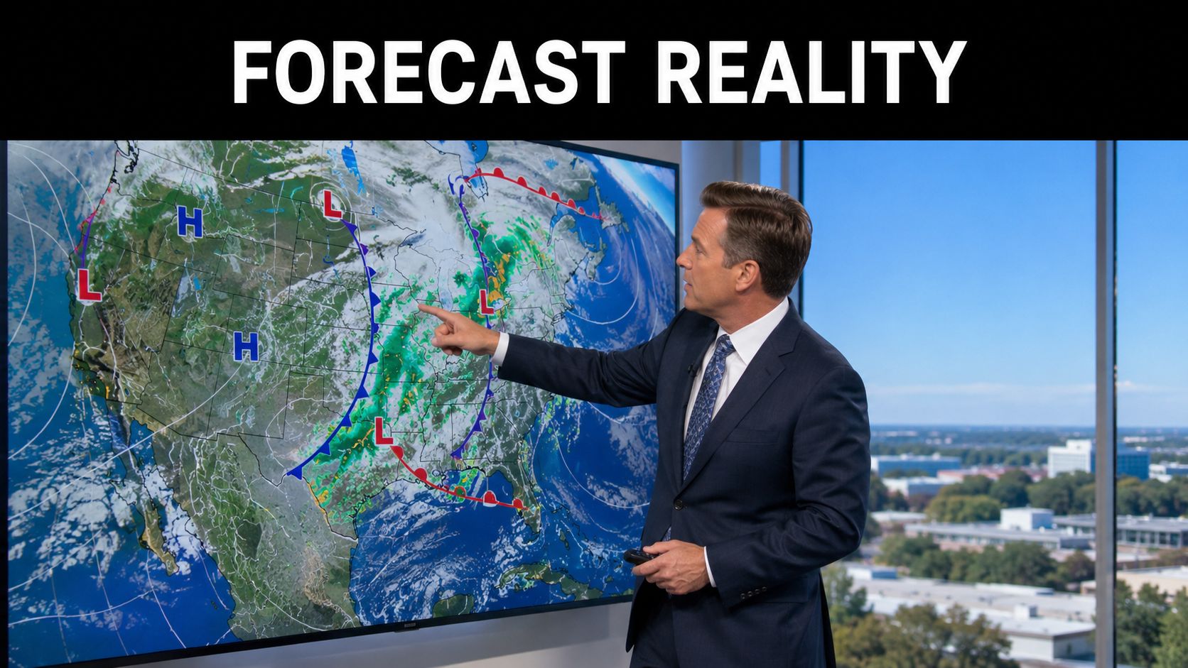 A male news anchor stands in front of a digital weather map screen pointing at a storm system.