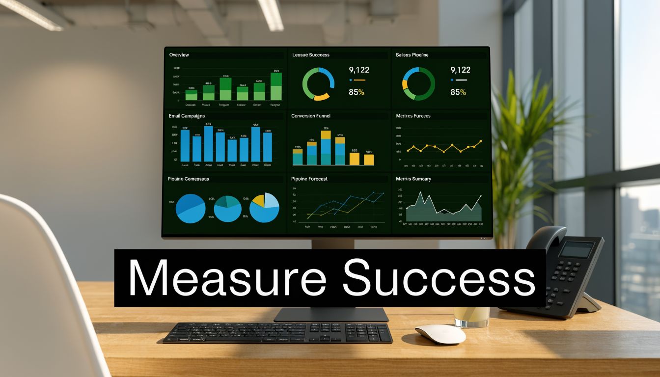 A professional desk setup with a computer monitor displaying various data analytics charts and business metrics dashboards.
