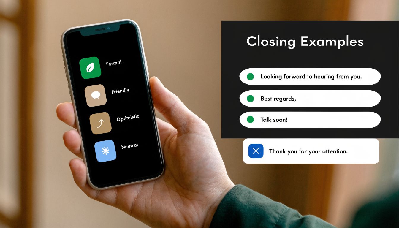 A hand holding a smartphone showing email tone options next to text examples for closing emails.