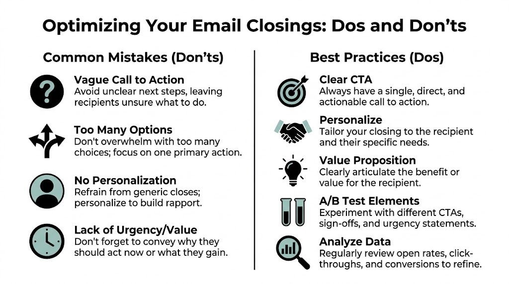 An infographic outlining best practices and common mistakes for optimizing professional email closing statements and calls to action.