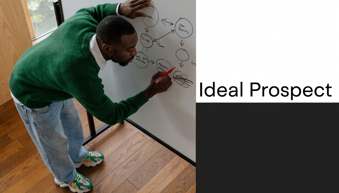 A man in a green sweater writes on a whiteboard while mapping out an ideal prospect strategy.