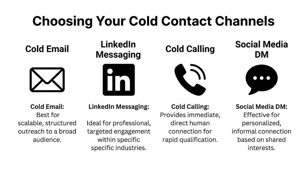 A diagram illustrating four cold contact channels: cold email, LinkedIn messaging, cold calling, and social media DM.