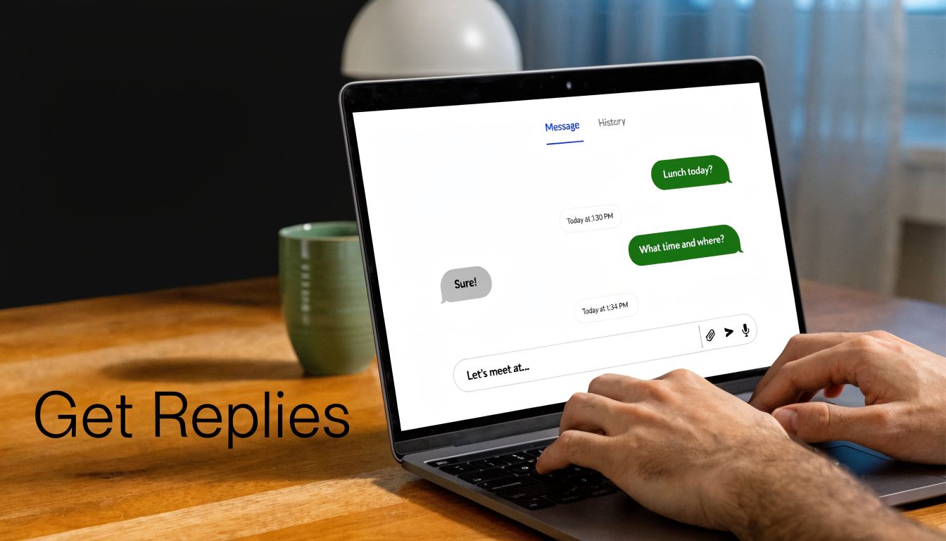 A person using a laptop to type a message in a chat application interface on the screen.