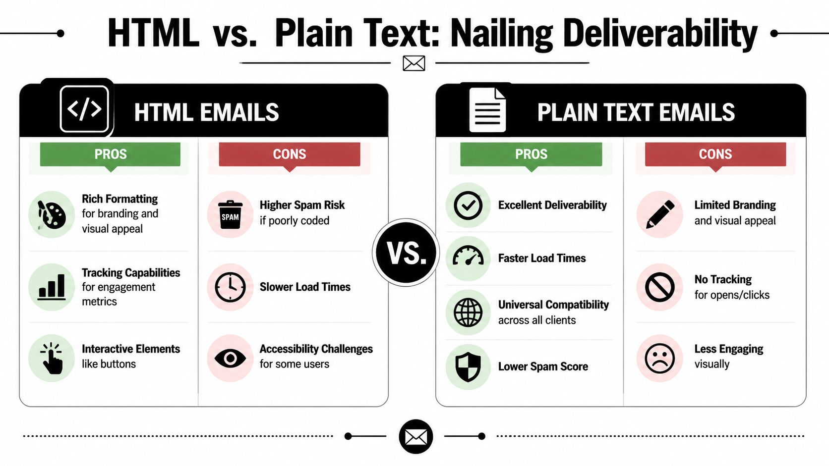A comparison chart highlighting the pros and cons of HTML versus plain text email formats for deliverability.