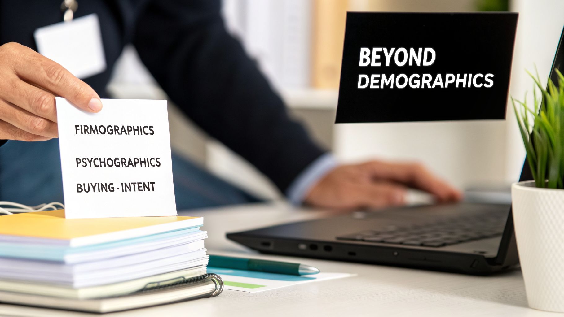 Person holding a card with 'FIRMOGRAPHICS', 'PSYCHOGRAPHICS', 'BUYING-INTENT' next to a laptop showing 'BEYOND DEMOGRAPHICS'.