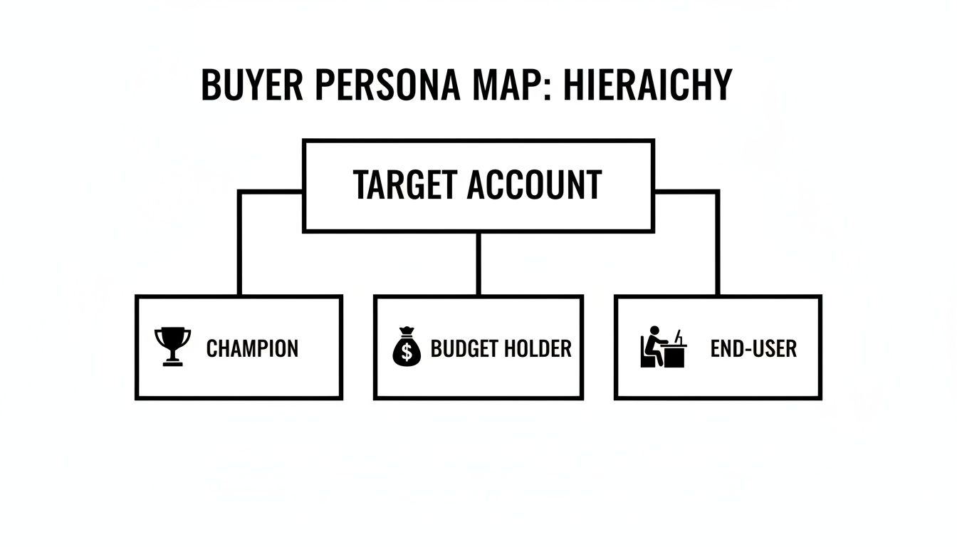 A buyer persona hierarchy map showing Target Account, Champion, Budget Holder, and End-User roles.
