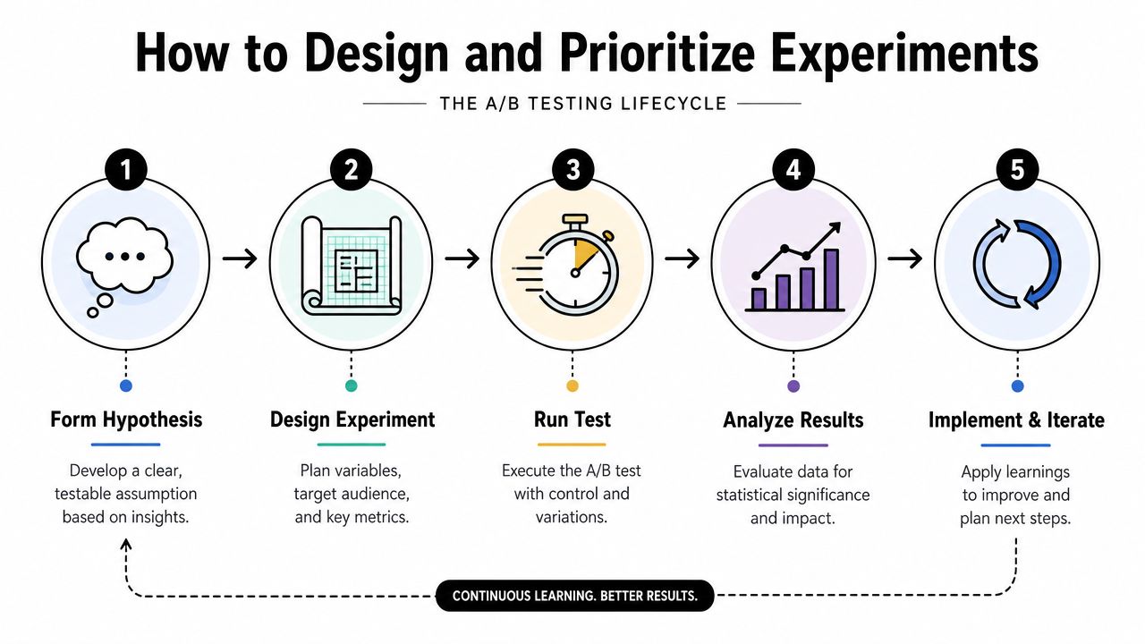 A five-step infographic illustrating the A/B testing lifecycle for designing and prioritizing website experiments.