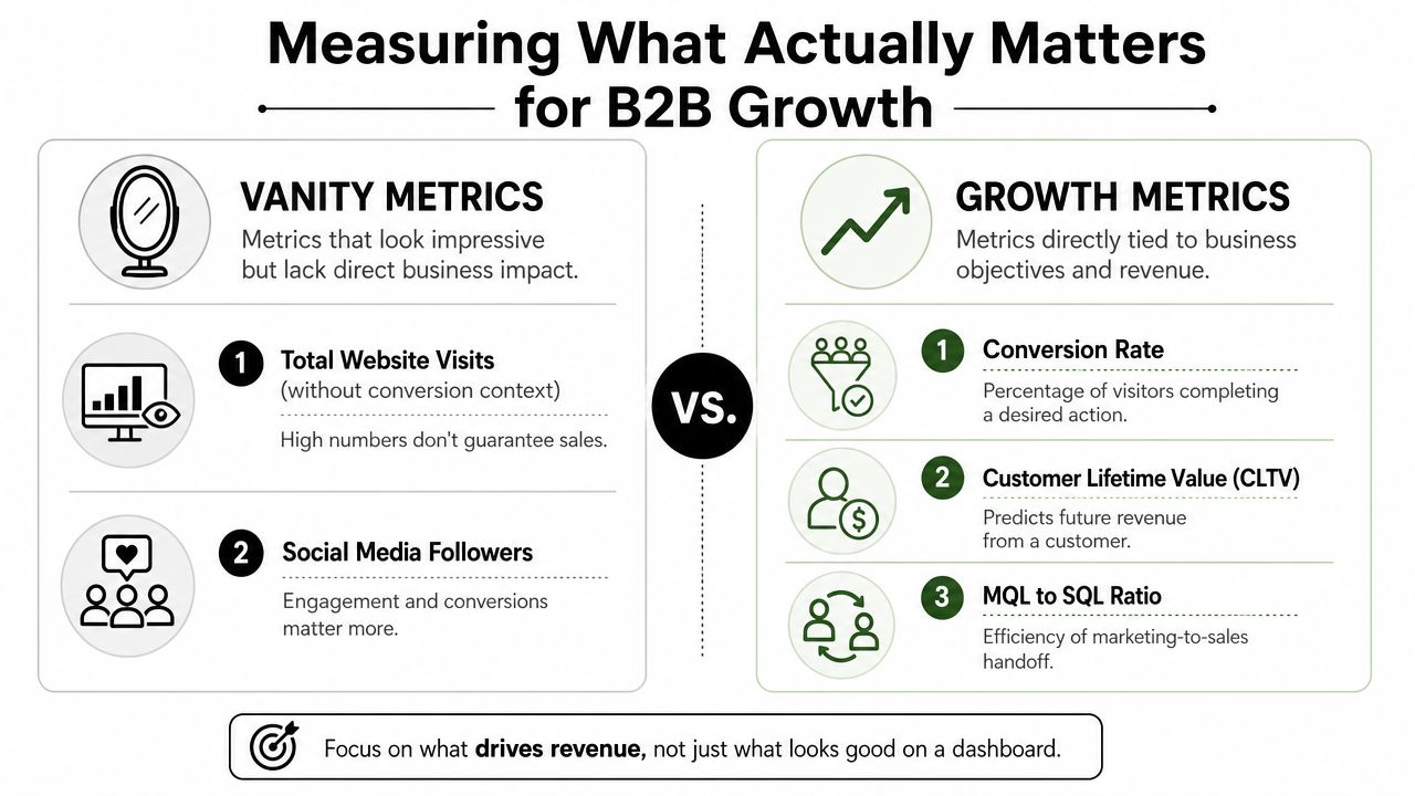 A comparison chart showing the difference between vanity metrics and growth metrics for B2B business growth.