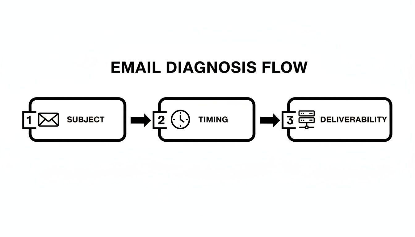 A black and white flowchart titled 'EMAIL DIAGNOSIS FLOW' showing three steps: Subject, Timing, and Deliverability.