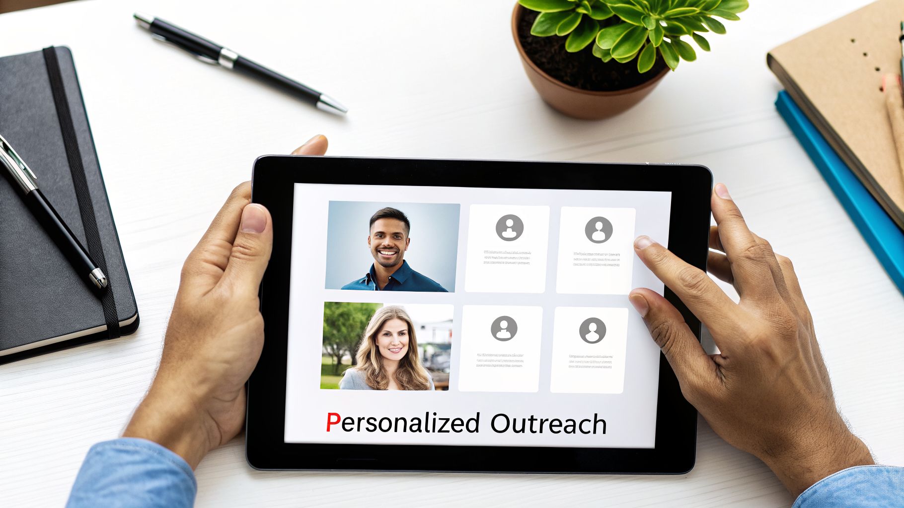Person holding a tablet displaying 'Personalized Outreach' with diverse profile photos on a white desk.