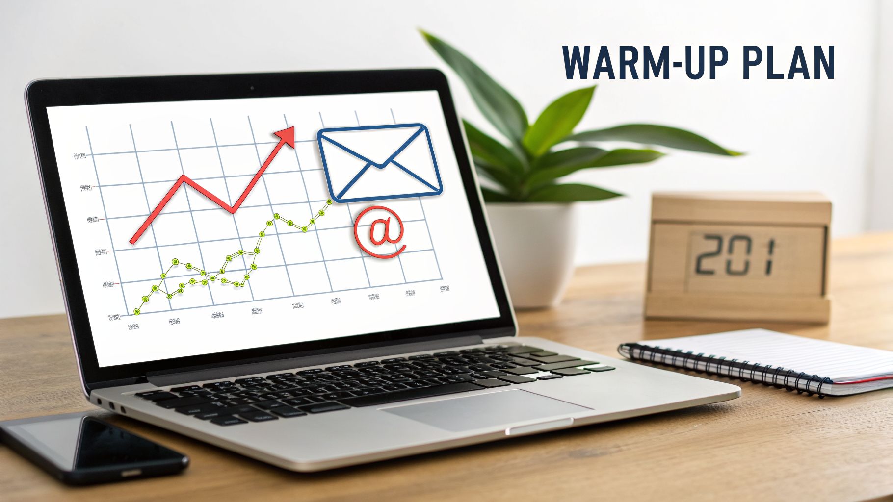 Laptop displays an email growth chart with a mail icon and '@' symbol, next to 'WARM-UP PLAN' text.