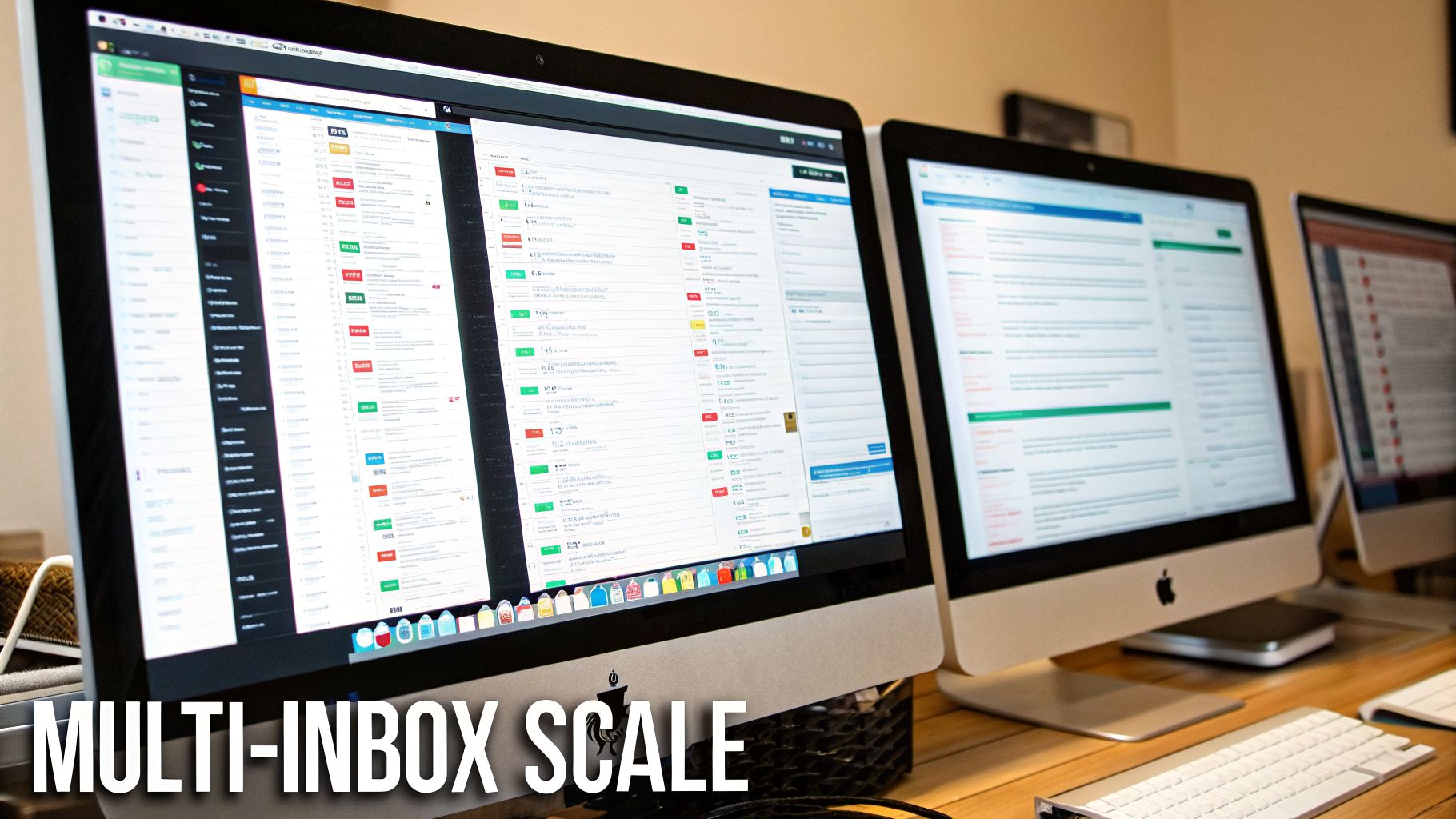 Multiple computer monitors displaying a multi-inbox email management system on a wooden desk.