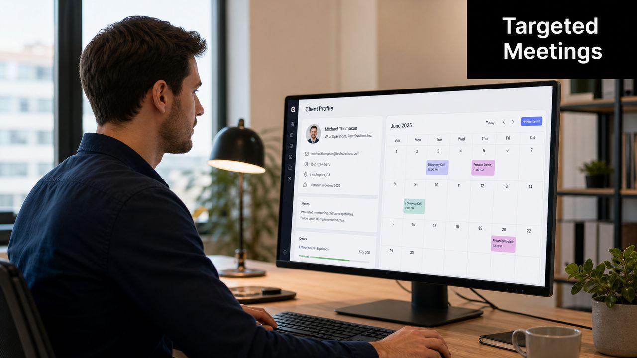 A professional man reviewing a client profile and scheduled meetings on a desktop computer screen in an office.