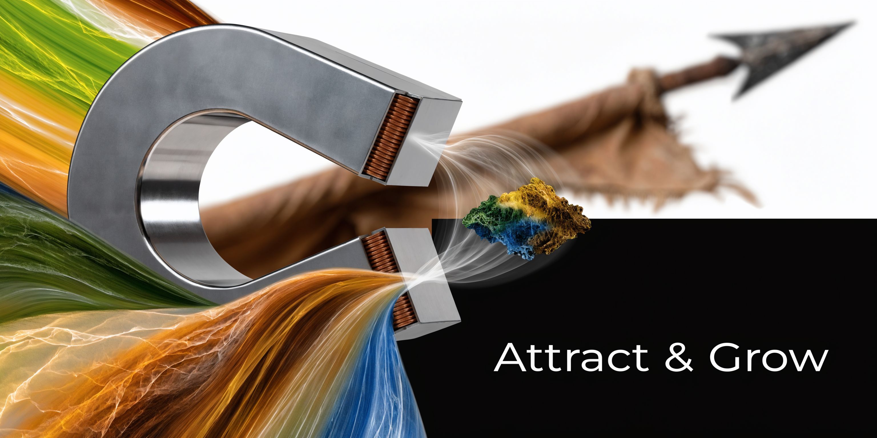 A metallic magnet drawing in colorful energy and a golden rock, representing business growth and attraction.