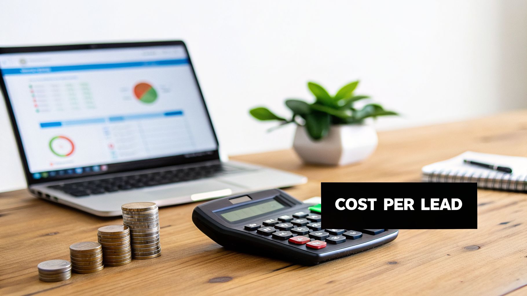 Desk setup with laptop displaying charts, stacked coins, calculator, and 'COST PER LEAD' text.
