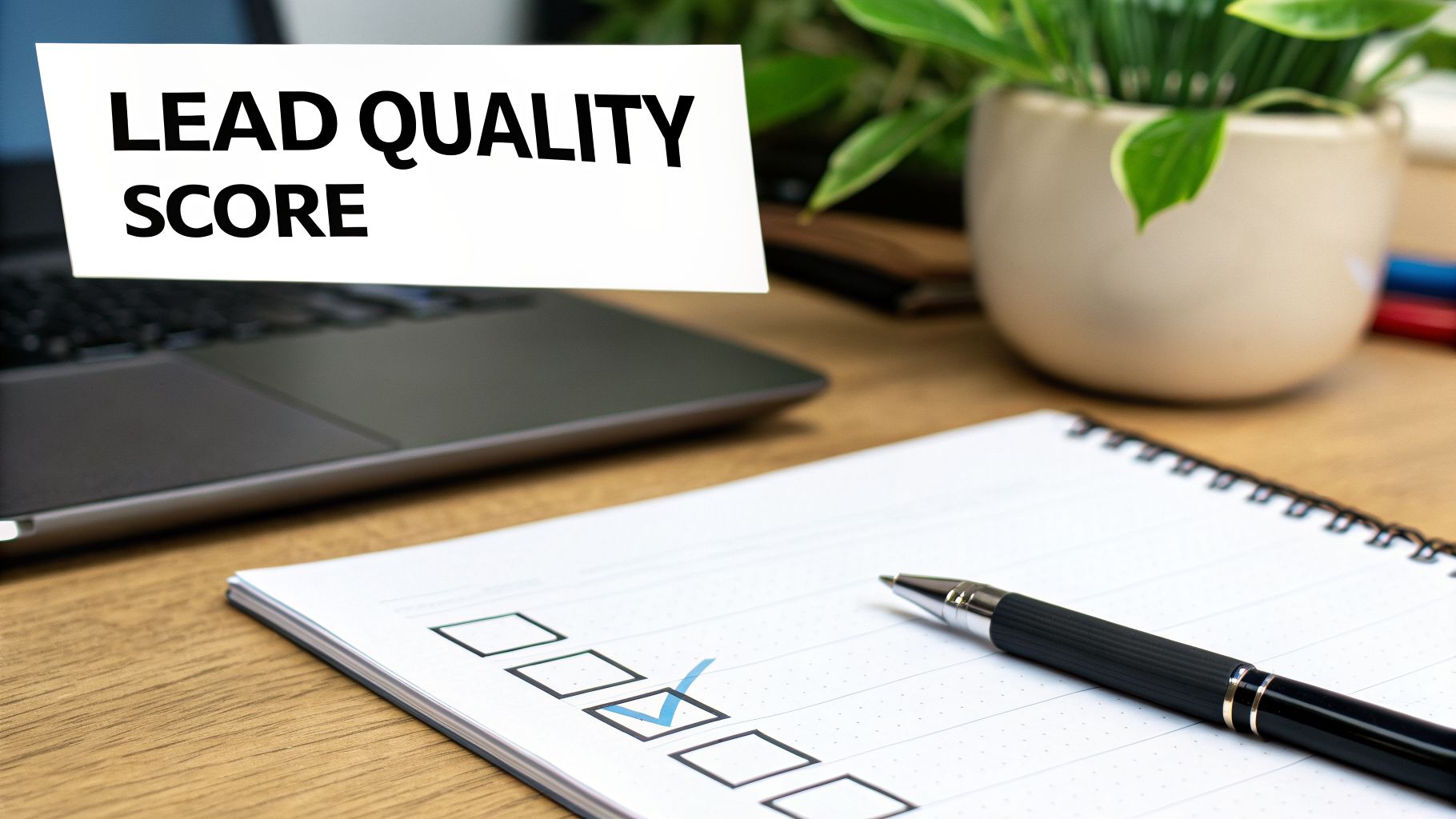 A white card reading 'LEAD QUALITY SCORE' on a wooden desk with a laptop, notepad, and pen.