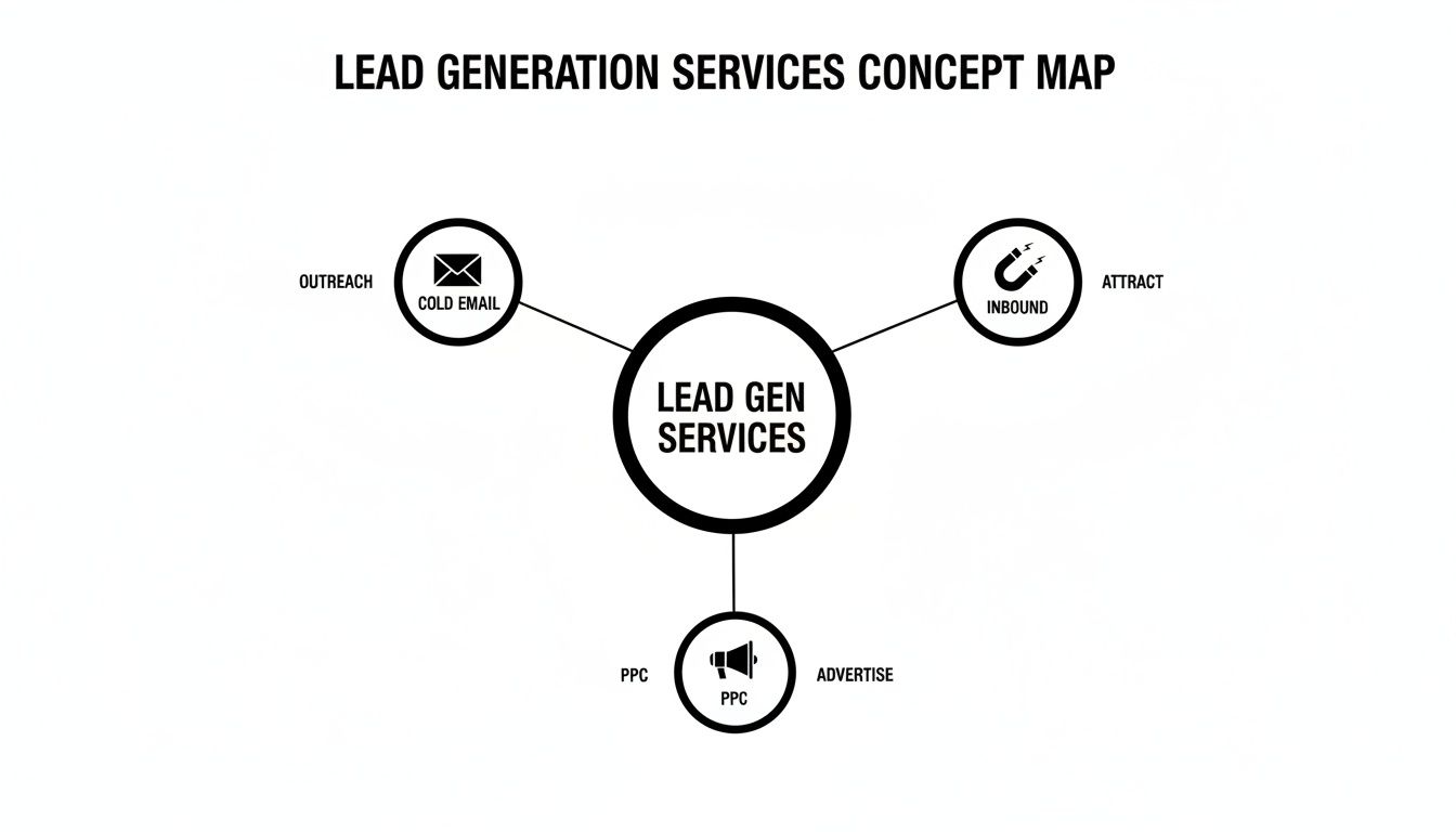 Concept map for Lead Generation Services, detailing strategies like Cold Email, Inbound, and PPC advertising.