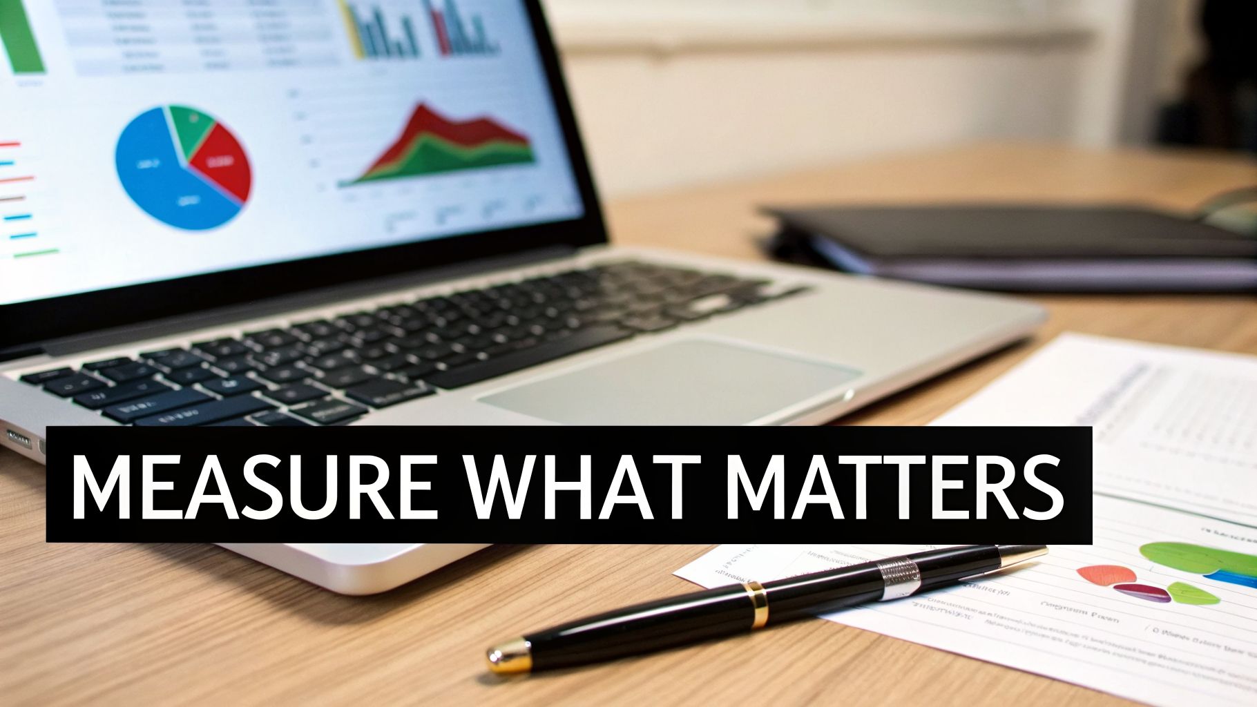 A laptop displaying data charts and graphs, with a pen and papers, showing 'MEASURE WHAT MATTERS' text.