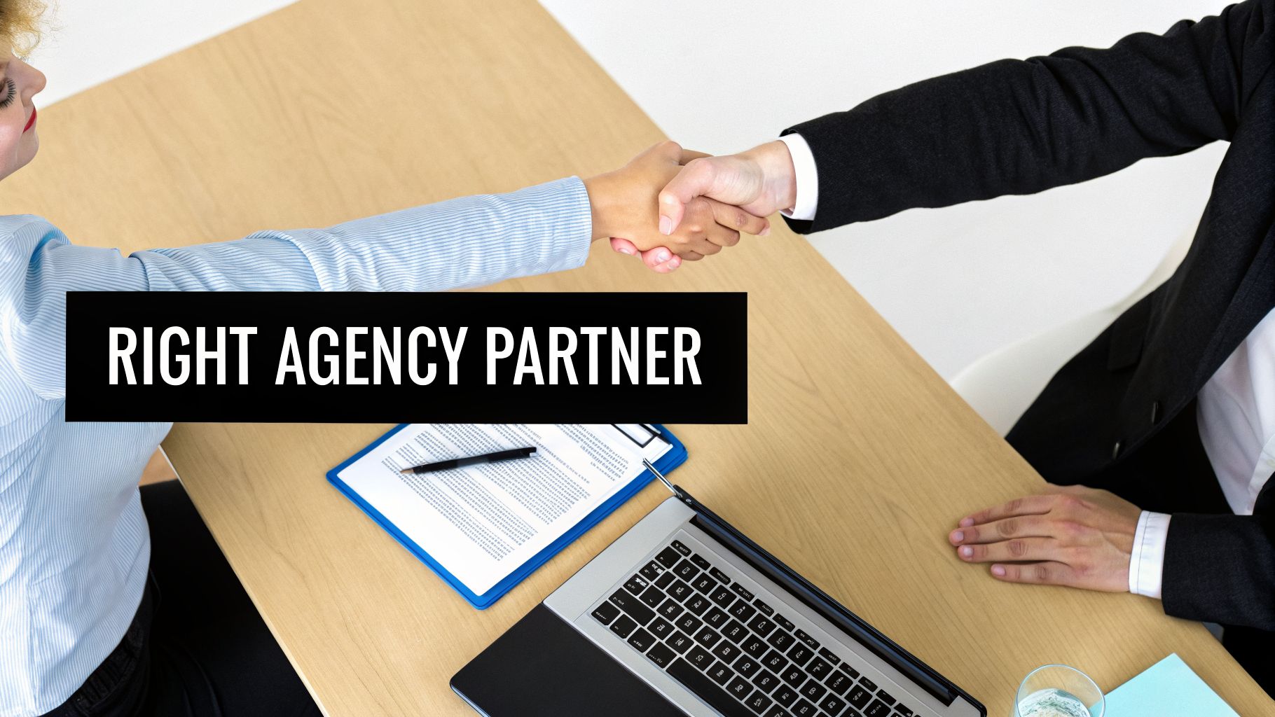 Two professionals shaking hands across a table with a laptop, documents, and 'RIGHT AGENCY PARTNER' text.