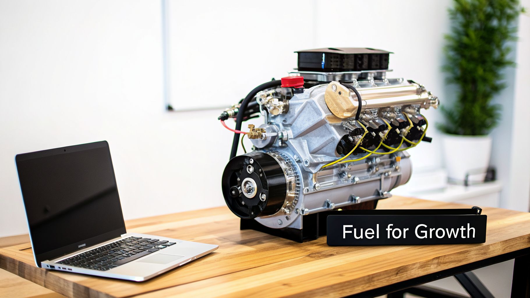 A silver laptop and a detailed engine model displayed on a wooden table, featuring a 'Fuel for Growth' sign.
