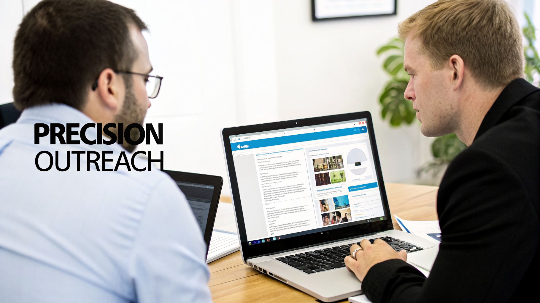Two men collaborating on a laptop, examining a digital marketing platform with 'Precision Outreach' text.